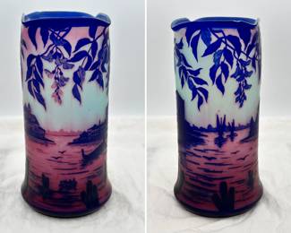 More views of the J. Michel Paris cameo glass landscape vase circa 1925, beautifully overlaid and acid etched with sailing boats and gondolas (Venice?) in lagoon, seen through wisteria vines; signed in cameo J.Michel Paris