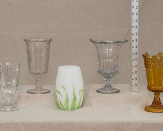 EAPG celery glasses! Antique Indiana Tumbler & Goblet Company clear glass Shuttle pattern celery glass, an Adams & Company Prayer Rug pattern celery vase, an antique Libbey glass Maize pattern celery vase, Adams & Company Glass celery vase in amber glass Wildflower pattern circa 1874-1905
