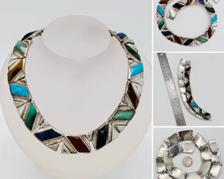 Mexican sterling silver collar necklace inlaid with various hard stones