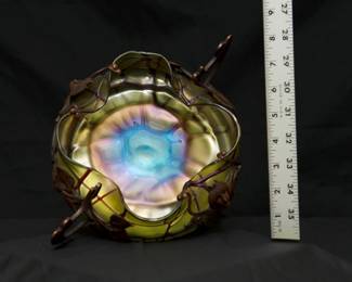 Another view of the fabulous Art Nouveau era centerpiece – an iridescent art glass bowl (possibly Loetz) with sculpted bronzed metal stand.
