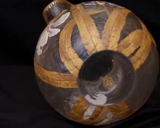 Another view of the antique Mont Joye Legras art glass vase, acid etched and enameled with iris flowers and leaves; marked on the base with the Mont Joye L C (Legras et Cie)