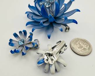 Another view of mid century vintage Coro brooch and earrings set of blue enamel and rhinestone 3D flowers