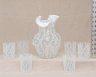 Northwood Spanish Lace white opalescent glass water pitcher with six matching tumblers 