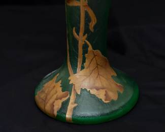 Closeup of the breathtaking 15-inch high antique French art glass vase - a large Mont Joye Legras green glass vase enameled with a graceful chrysanthemum, acid etched surface, with Mont Joye L C mark on the base. Art Nouveau beauty.