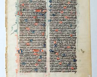 (This is the reverse view of leaf shown in the previous image.) Illuminated manuscript – leaf from a Leber Bible, "Historiated Initials No. 1, Folio 218, from Psalms depicting God, King pointing to Eye, excellent painting, red and blue versals and fine rubrication. This is from the finest part of the book in visual appearance." Made by a French workshop known as the Leber Group, in Paris, circa 1230-1240. Ink and tempera on vellum.