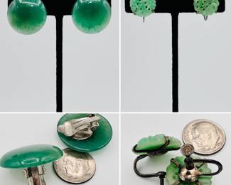 A pair of green jade disc shape clip earrings, and a pair of sterling silver and carved pierced jade screw back earrings