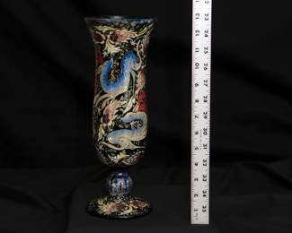 Fine vintage polychrome enameled and gilt art glass vase, stags in a forest setting, by Spanish artist Genis Cirera Casanovas (1890-1970), signed. Cirera won the Bilbao Decorative Arts prize in 1928.