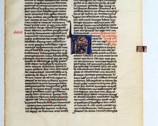 13th century illuminated manuscript – a leaf from a Leber Bible, Initials No. 1, Folio 392, illuminated initial with dragon head and body, fine red script, elegant flourishes upper recto of text, an excellent example. Made by a French workshop known as the Leber Group, in Paris, circa 1230-1240. Ink and tempera on vellum.