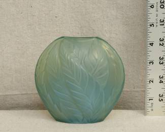 A signed Lalique France 'Filicaria' crystal vase, blue green glass with raised leaf design (comes with original Lalique presentation box)
