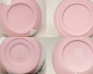 View of the bases of the group of Wedgewood cream on pink jasper ware vases