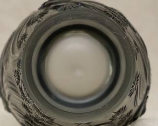 Closeup of one of the two Josef Inwald glassworks art glass vases, koi fish pattern, art deco style made in Czechoslovakia. One vase marked "Barolac," the name registered in the UK by John Jenkins and Sons Ltd, a glass importing company that collaborated with Inwald's designers to develop the Barolac designs. 
