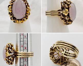 A gorgeous vintage ring with a  superbly set cabochon of lavender jadeite set in 14-karat yellow gold.
