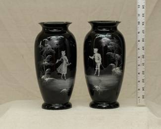 Pair of vintage&nbsp;Mary Gregory black amethyst art glass vases