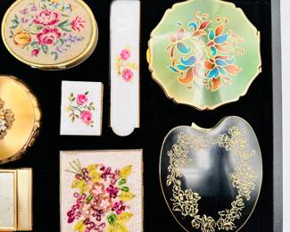 More vintage cosmetic powder compacts including a vintage powder compact made by Stratton in the United Kingdom, and compacts with petite point embroidery and hand-sewn beads and sequins