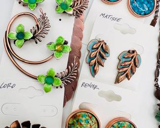 Gorgeous mid century modern copper jewelry necklaces from Renoir, a Hollywood, CA company known for bold, abstract designs, 1946-1964. Also we have copper earrings from their sister company, Matisse, which produced enameled copper jewelry! Very collectible.