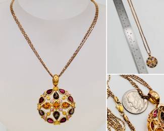 More views of the 14k yellow gold triple strand necklace with citrine and other fine gemstones pendant