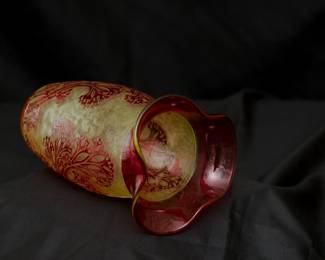 Another view of the beautiful French art glass by Val St. Lambert, circa 1897, acid etched cranberry cameo glass in delicate seaweed motif.