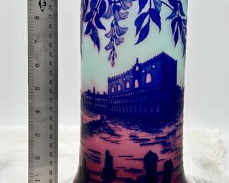 A J. Michel Paris cameo glass landscape vase circa 1925, beautifully overlaid and acid etched with sailing boats and gondolas (Venice?) in lagoon, seen through wisteria vines; signed in cameo J.Michel Paris