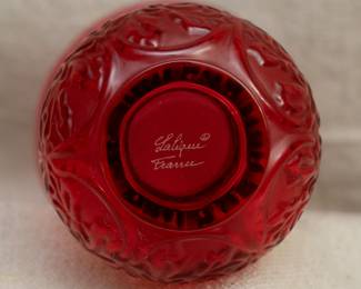 Another view of the signed Lalique France 'Arabesque' vase in rich ruby red color (with original Lalique presentation box)