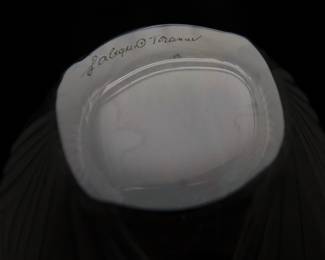 Another view of the vintage signed Lalique France frosted crystal Pavie bud vase, with original presentation box