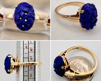 A lovely old floriform carved lapis lazuli ring set in 14-karat yellow gold.