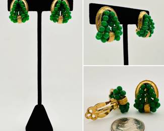 Vintage Ciner jade green bead cluster and gold tone clip earrings