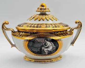 Another view of the very rare Worcester Porcelain (Flight) lidded sauce tureen with (not shown with included underplate) from the ‘Hope service’ circa 1792, signed with blue crowned script Flight and open crescent marks, painted by John Pennington. The celebrated 'Hope' service was commissioned by the Duke of Clarence and St Andrews (later King William IV), in January 1790, and was completed just over a year later.