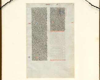 View of the other side (verso) of framed illuminated manuscript - This leaf (14 x 22 cm) from the Latin Bible is written in double columns, 55 lines per page, in a black ink in a minute, precise Gothic bookhand, on thin, flawless ivory-colored uterine vellum. It was produced by the “Blanche atelier” in Paris, ca. 1220. Recto: page heading “CHAB II” Verso: page heading “INCIPIUM”