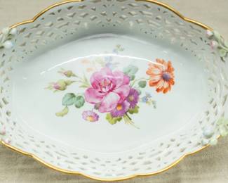 Another view of the superb signed antique KPM German openwork basket made of hand painted, partly gilded porcelain