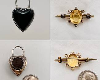Antique 19th century jewelry: A silver heart-shaped padlock locket with carved black and white banded agate, and a small Scottish pebble jewelry brooch with a citrine stone 