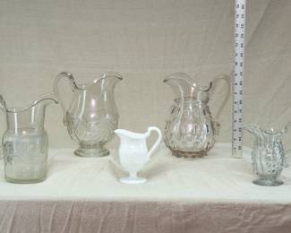 More Early American Pattern Glass Pitchers, c. 1850's–1900! Antique Flint Glass EAPG Bellflower Pitcher, (likely) McKee R. L. 1860s; a rare McKee & Brothers "Shell" aka "Fans With Diamonds" clear glass pitcher, circa 1876; a milk glass pitcher, a "cleat" pattern quart pitcher, probably New England Glass, colorless lead glass, baluster-form body with a molded neck ring, tooled spout, applied solid handle, and polished pontil mark, 3rd quarter 19th century; and a Boston & Sandwich Glass Co. creamer, pressed glass with applied handle, c. mid- to late-19th century (see example in the Carnegie Museum of Art)