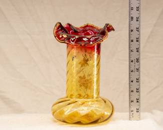 Antique large Amberina blown glass vase with gold enamel floral and butterfly decoration, Saint-Denis - Legras, France