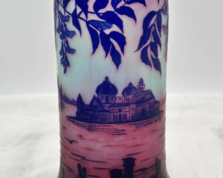 Another view of the J. Michel Paris cameo glass landscape vase circa 1925, beautifully overlaid and acid etched with sailing boats and gondolas (Venice?) in lagoon, seen through wisteria vines; signed in cameo J.Michel Paris