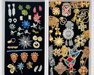 Fabulous vintage costume jewelry –  Art Deco rhinestone dangle earrings and AB crystal brooches marked Western Germany (and Austria), enameled pendant necklaces, butterflies, flowers, starbursts, Maltese cross pendants, brooch and earring sets, delicate bracelets - Crown Trifari, Boucher, Lisner, Florenza, Monet, Coro, Napier, AK, Craft, and more