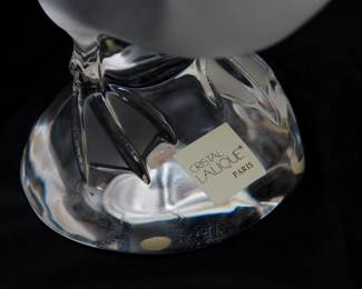 Closeup of the signed Lalique France crystal duck, frosted and clear crystal glass