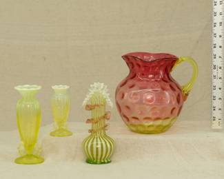 More uranium glass items including a water pitcher, a pair of two different size "Tiny Twigs" pattern opalescent vaseline glass bud vases, made by Northwood around 1898 and around 1908 by Dugan from the same molds