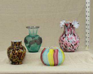 Variety of art glass vases, and a Mt. Washington rainbow MOP satin glass rose bowl