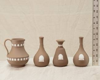 A group of Wedgewood taupe jasperware vases and pitcher, circa 1979 - 1985.