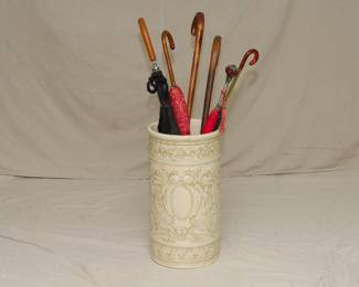 Vintage 1920's/1930's Weller Pottery "Flemish Ware" umbrella stand (and vintage canes and umbrellas!)
