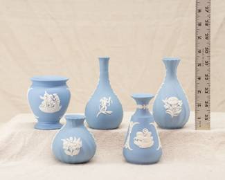 A group of Wedgewood lavender (pale blue) jasperware vases, 20th century