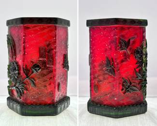 Another view of the vintage Chinese Peking Glass brush pot or bitong, hexagonal form, featuring dark green over red cameo glass carved in a birds and flowering peony design