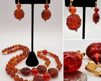 Chinese carved amber bead and 14k yellow gold earrings shown with the 14k yellow gold and Chinese carved amber and carnelian color beaded necklace