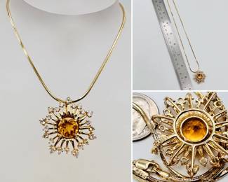 14k yellow gold starburst form diamond and citrine pendant necklace