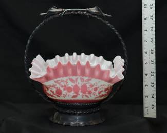 Antique bride's basket with cameo glass bowl of pink and white cased glass, square form with floral motif and flared ruffled edge; and silver plated metal basket handle stand by Rockford Silver Co. Illinois