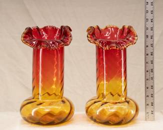 A pair of vintage and tall Amberina art glass vases, optical ribbing and ruffled crimped rims