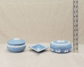 Two Wedgwood light blue jasperware lidded boxes with a diamond shaped trinket dish
