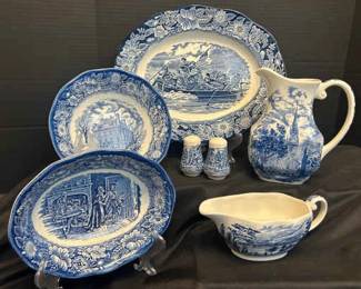 Liberty Blue Colonial Scenes Serving Platter Two Bowls Gravy Boat Water Pitcher And SaltPepper