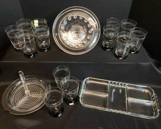 Etched Black And Clear Vintage Cocktail Glasses And Entertaining Dishes