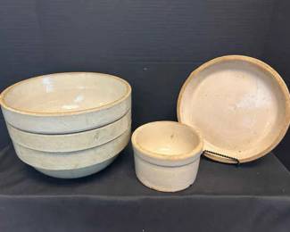 Three Red Wing Batter Bowls With Planter And Drip Tray