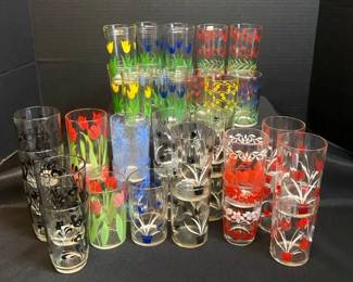 MCM 1950s Kraft Swanky Swigs Juice Glasses Tulips And Floral Patterns